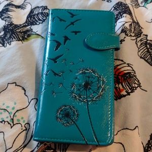 Shag wear wallet boho credit card holders teal blue green dandelions and birds